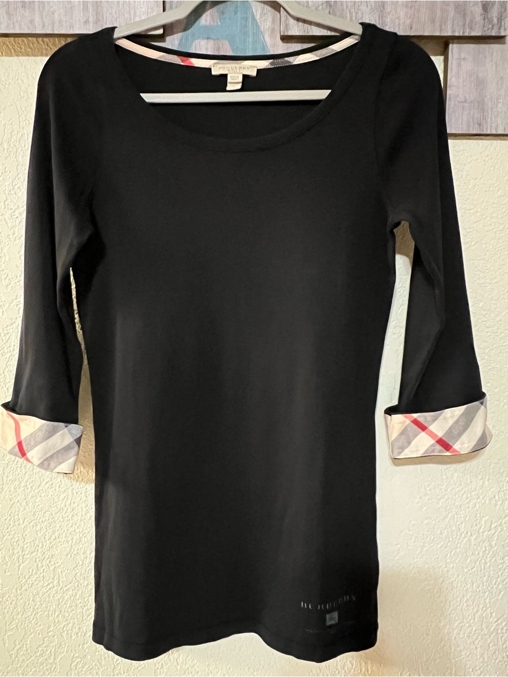 Burberry Britt Black Sleeve Nova Check Accented Top, size L runs small